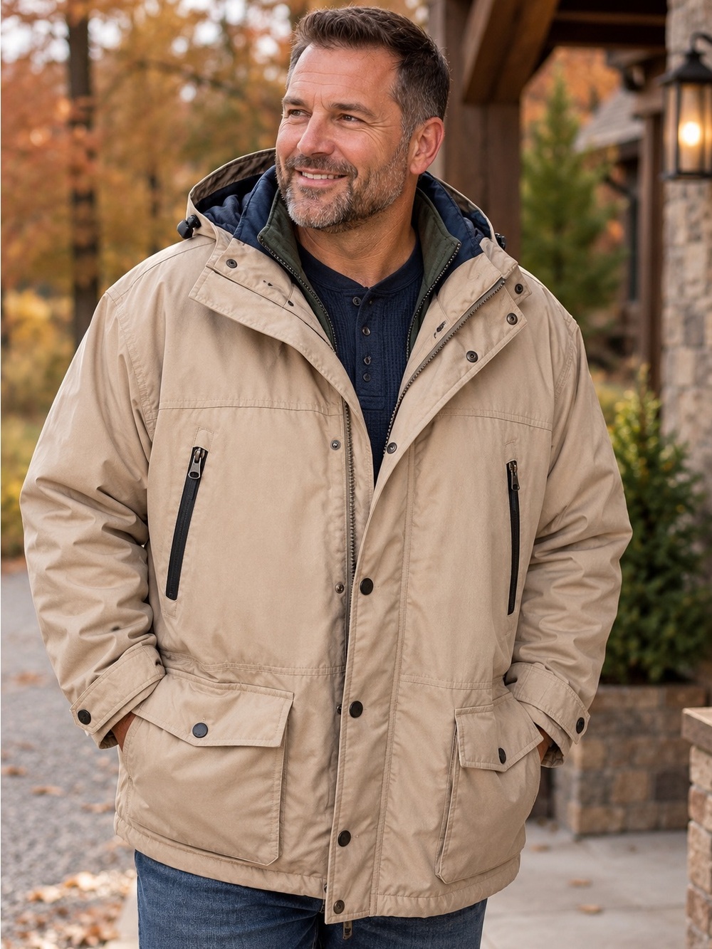London Fog Men's Field Jacket in Tan with Navy Lining